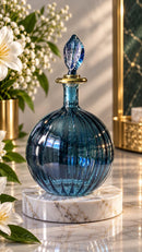Egyptian Hand Blown Glass Perfume Bottle, Ribbed Round Globe Bottle, Teardrop Stopper, Artisan Fragrance Oil Bottle, Luxury Vanity Decor