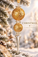 Hand Blown Glass Finial Ornament, Double Globe Christmas Ornament, Textured Egyptian Art Glass, Long Icicle Ornament, Holiday Tree Decor
