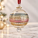 Hand Blown Glass Jeweled Stripe Globe Ornament, Textured Band Christmas Ornament, Egyptian Artisan Glass, 14K Gold Accents, Holiday Decor