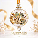 Hand Blown Glass Globe Ornament, Etched Floral Leaf Design, Egyptian Handmade Ornament, Gold Palm Trees & Pyramids, Holiday Decor