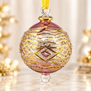 Egyptian Hand Blown Glass Christmas Ornament, Jeweled Globe Bauble, Geometric Wave Design, Gold Detailed Artisan Holiday Tree Decor