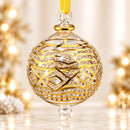 Egyptian Hand Blown Glass Christmas Ornament, Jeweled Globe Bauble, Geometric Wave Design, Gold Detailed Artisan Holiday Tree Decor