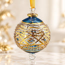 Egyptian Hand Blown Glass Christmas Ornament, Jeweled Globe Bauble, Geometric Wave Design, Gold Detailed Artisan Holiday Tree Decor