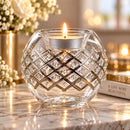 Hand Blown Glass Candle Holder, Crystal Studded Diamond Lattice Design, Egyptian Handmade Tealight Votive, Luxury Wedding Centerpiece
