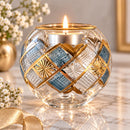 Hand Blown Glass Candle Holder, Egyptian Handmade Tealight Votive, Gold Geometric Diamond & Starburst Design, Wedding Centerpiece