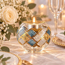 Hand Blown Glass Candle Holder, Egyptian Handmade Tealight Votive, Gold Geometric Diamond & Starburst Design, Wedding Centerpiece