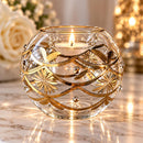 Hand Blown Glass Candle Holder, Egyptian Handmade Tealight Votive, Gold Floral Starburst & Swirl Design, Elegant Wedding Centerpiece