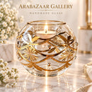 Hand Blown Glass Candle Holder, Egyptian Handmade Tealight Votive, Gold Floral Starburst & Swirl Design, Elegant Wedding Centerpiece