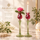 Hand Blown Glass Candle Holder Set, Taper Candle Holders & Bud Vases, Pink Green Glass, Wedding Table Centerpiece, Handmade Home Decor
