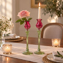 Hand Blown Glass Candle Holder Set, Taper Candle Holders & Bud Vases, Pink Green Glass, Wedding Table Centerpiece, Handmade Home Decor