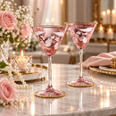 Handmade Pink Martini Glass Set of 2, Floral Etched Cocktail Glasses, Gold Rim Stemware, Elegant Drinkware, Wedding & Anniversary Gift
