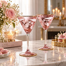 Handmade Pink Martini Glass Set of 2, Floral Etched Cocktail Glasses, Gold Rim Stemware, Elegant Drinkware, Wedding & Anniversary Gift