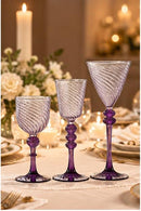 Hand Blown Glass Goblet Set of 3, Purple Swirl Drinkware, Artisan Wine Glasses, Decorative Stemware, Egyptian Handmade Glass Gift
