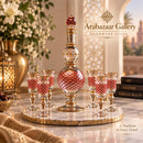 Egyptian Hand Blown Glass Decanter Set with 6 Glasses, Red & Gold Liquor Decanter, Handmade Barware Set, Luxury Wedding Gift