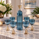 Hand Blown Glass Decanter Set with 6 Goblets, Egyptian Handmade Drinkware, Ribbed Glass Carafe Set, Luxury Barware Wedding Gift