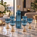 Hand Blown Glass Decanter Set with 6 Goblets, Egyptian Handmade Drinkware, Ribbed Glass Carafe Set, Luxury Barware Wedding Gift