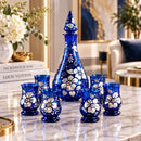 Egyptian Hand Blown Glass Decanter Set with 6 Glasses, Hand Painted Floral Drinkware, Decorative Carafe Set, Wedding & Housewarming Gift