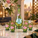 Egyptian Hand Blown Glass Decanter Set with 6 Glasses, Hand Painted Floral Drinkware, Decorative Carafe Set, Wedding & Housewarming Gift