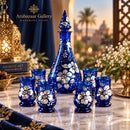 Egyptian Hand Blown Glass Decanter Set with 6 Glasses, Hand Painted Floral Drinkware, Decorative Carafe Set, Wedding & Housewarming Gift