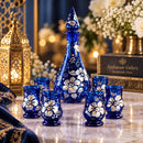 Egyptian Hand Blown Glass Decanter Set with 6 Glasses, Hand Painted Floral Drinkware, Decorative Carafe Set, Wedding & Housewarming Gift