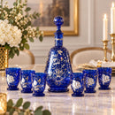 Egyptian Hand Blown Glass Decanter Set with 6 Cups, Hand Painted Cobalt Blue Glassware, Gold Floral Drinkware Set, Luxury Home Decor Gift