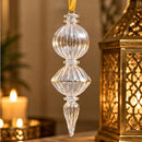 Hand Blown Glass Finial Ornament, Ribbed Stacked Globe & Long Icicle Drop Design, Egyptian Handmade Christmas Tree Ornament