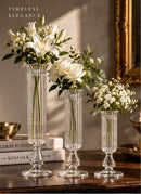 Egyptian Handmade Set of 3 Clear Glass Bud Vases, Ribbed Flower Vases, Tall Vintage Style Vase Set, Elegant Table Centerpiece, Wedding Décor