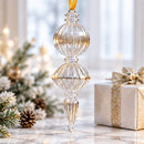 Hand Blown Glass Finial Ornament, Ribbed Stacked Globe & Long Icicle Drop Design, Egyptian Handmade Christmas Tree Ornament