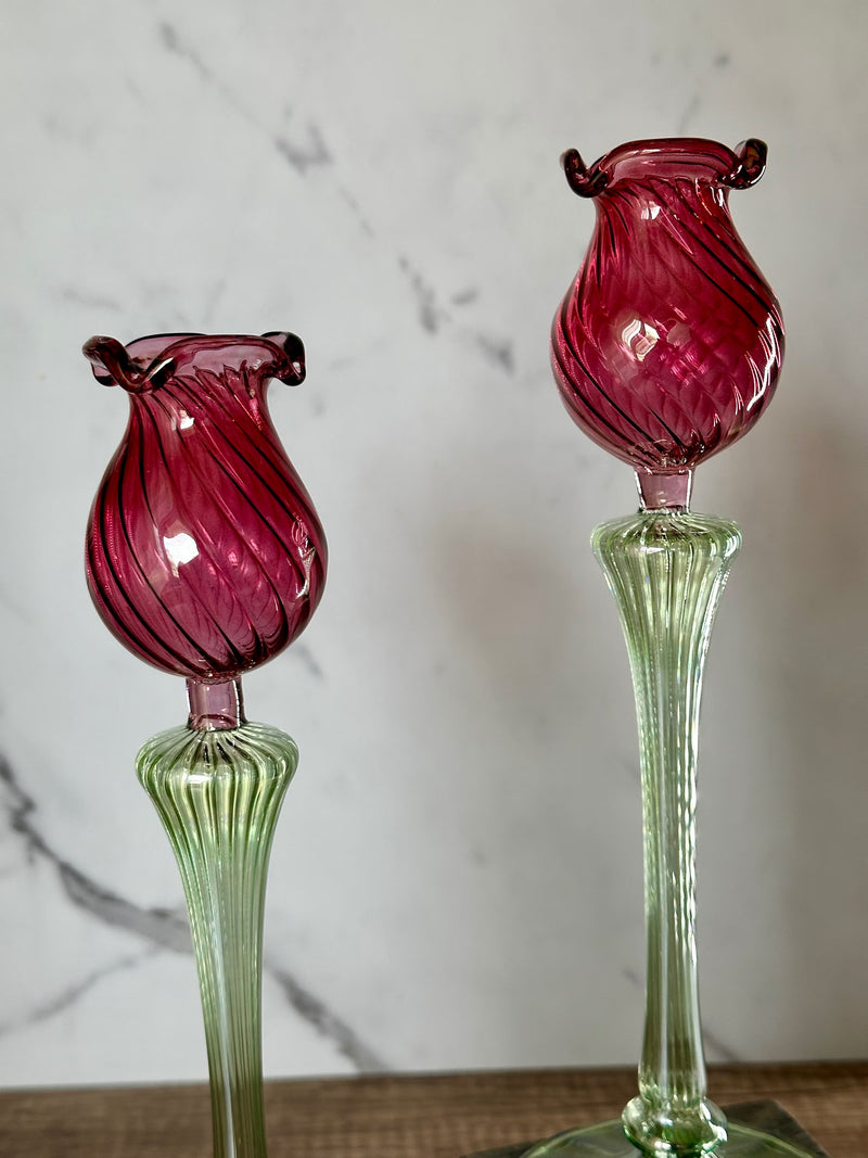 Handblown Ball Shape Tulip Swirl Candle Stick Holders Red/Green Set of 2