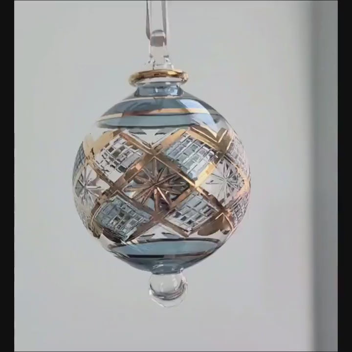 Hand Blown Glass Geometric Lattice Globe Ornament, Starburst Diamond Christmas Ornament, Egyptian Artisan Glass, 14K Gold Accents