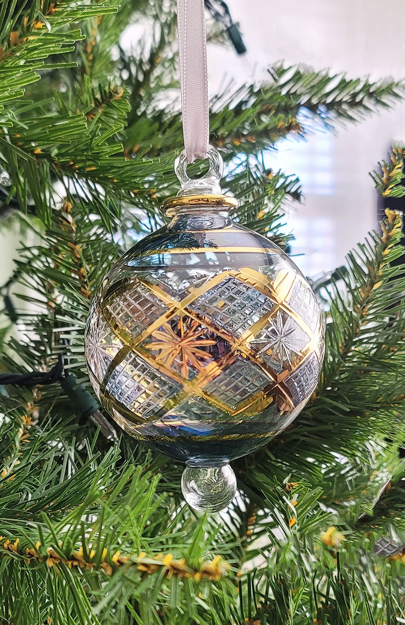 Large Crystal Globe w/ Hand Painted Geometric Design - Egyptian Hand Blown Glass Ornament