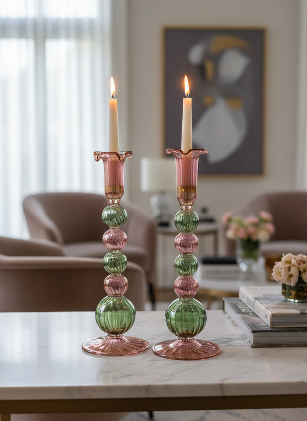 Handblown Tall Swirl Bubble Candle Holders - Set of 2 Pink/Green