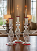 Handblown Sphere/Oval Swirl Candle Stick Holders Clear/Red Liner w/ Dots Design