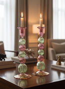 Handblown Tall Swirl Bubble Candle Holders - Set of 2 Pink/Green