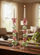 Handblown Tall Swirl Bubble Candle Holders - Set of 2 Pink/Green