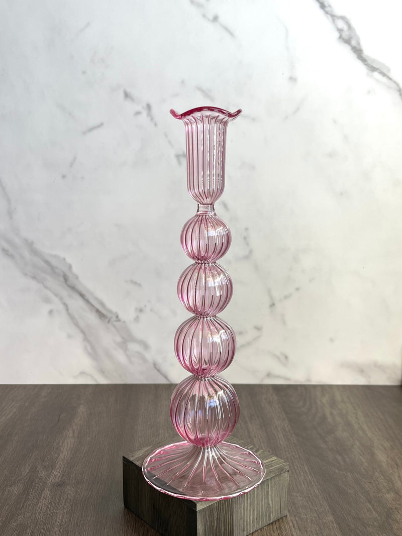 Handblown Short Puffed  Swirl Glass Candle Stick