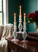 Handblown Sphere/Oval Swirl Candle Stick Holders Clear/Red Liner w/ Dots Design