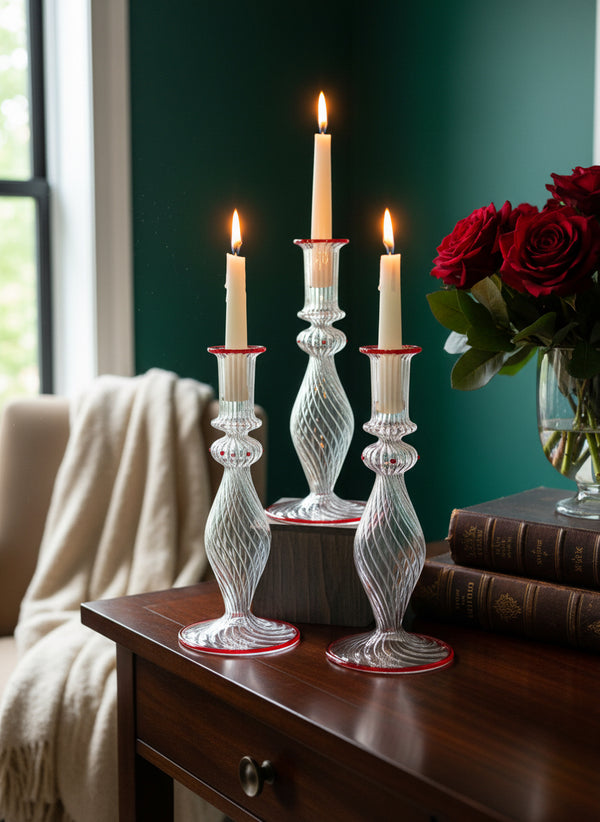 Handblown Sphere/Oval Swirl Candle Stick Holders Clear/Red Liner w/ Dots Design