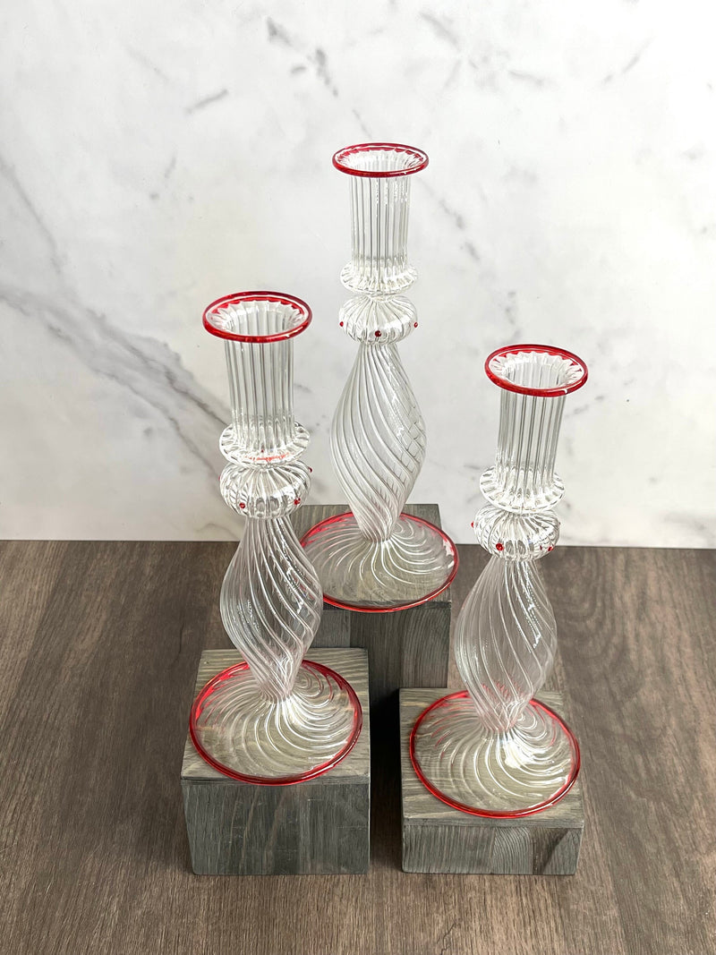Handblown Sphere/Oval Swirl Candle Stick Holders Clear/Red Liner w/ Dots Design