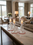 Handblown Sphere/Oval Swirl Candle Stick Holders Clear/Red Liner w/ Dots Design