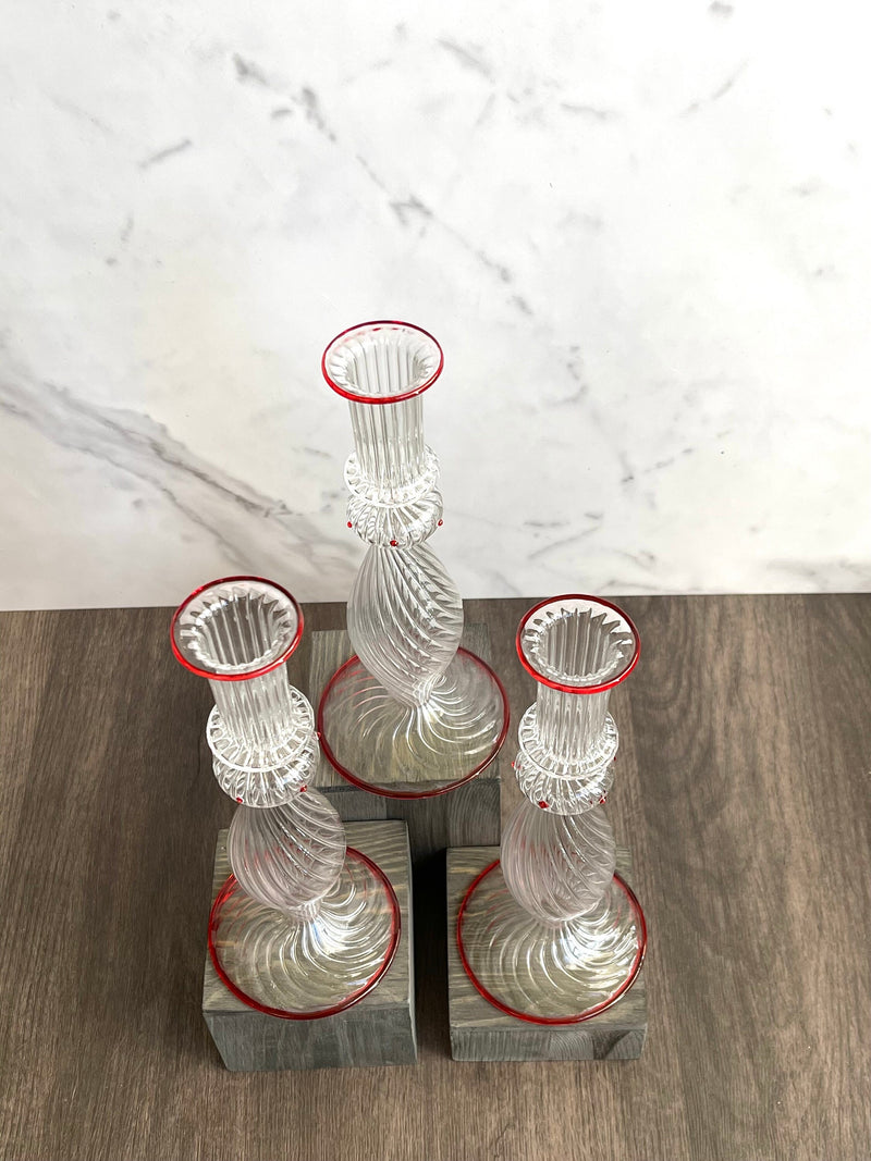 Handblown Sphere/Oval Swirl Candle Stick Holders Clear/Red Liner w/ Dots Design