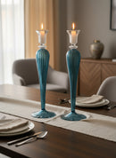 Handblown Elegant Swirl Glass Candle Holder - Set of 2 Clear/Iridescent Blue