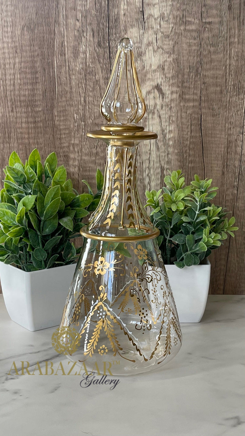 Egyptian Perfume/Massage Oil bottle Etched Flask Hand Paint 14K Gold Trim
