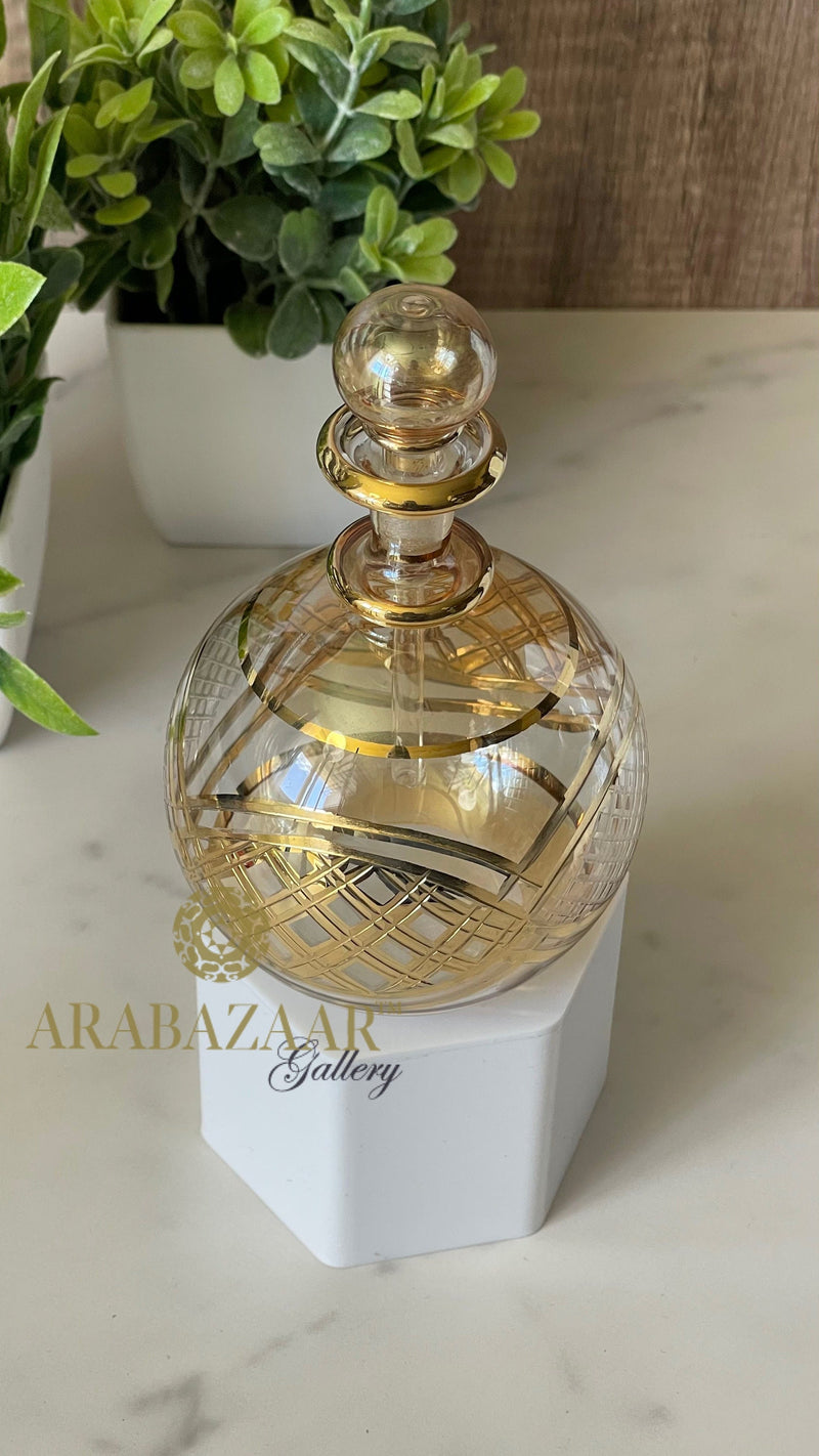 Egyptian Perfume bottle Flat Globe Shape  W/14 K Gold Trim & Hand Engraving