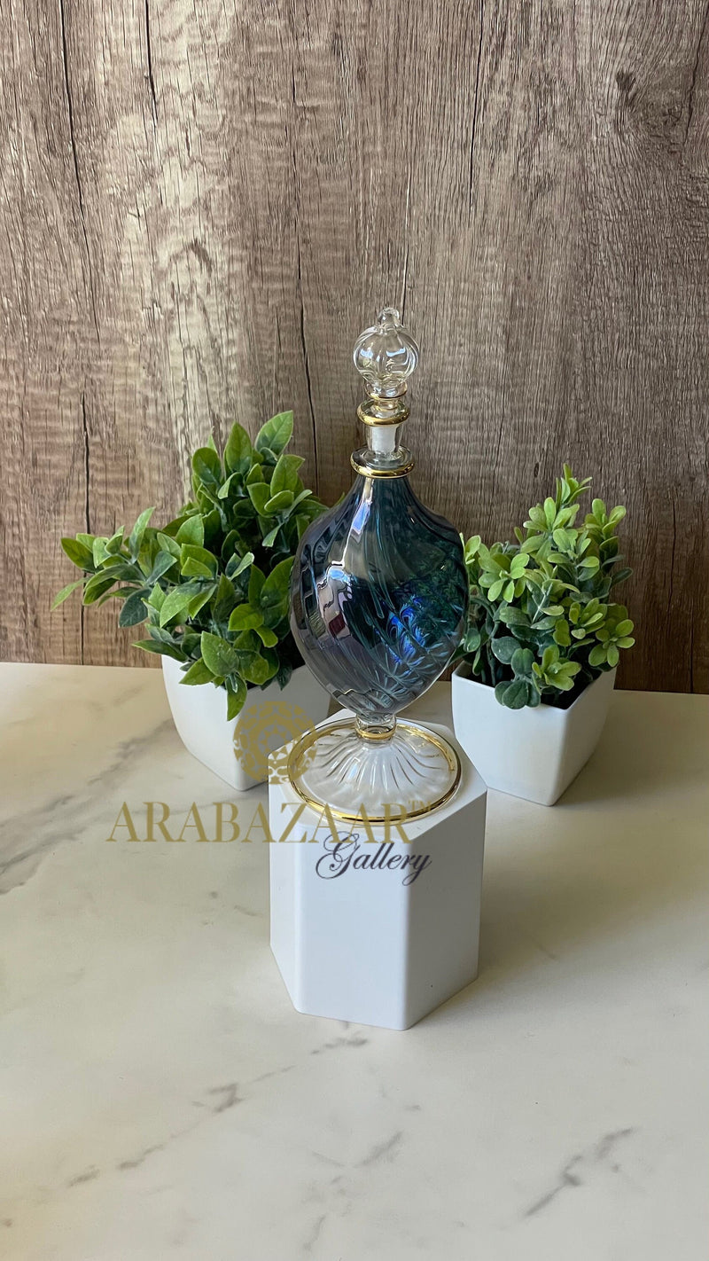 Egyptian Handblown Perfume bottle Oval Swirl Glass W/14 K Gold Trim