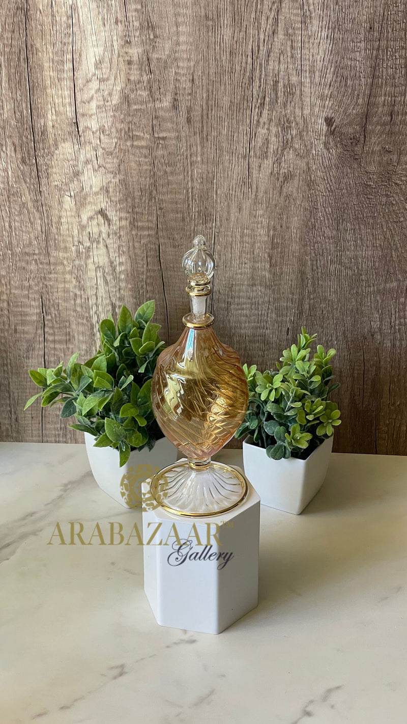 Egyptian Handblown Perfume bottle Oval Swirl Glass W/14 K Gold Trim