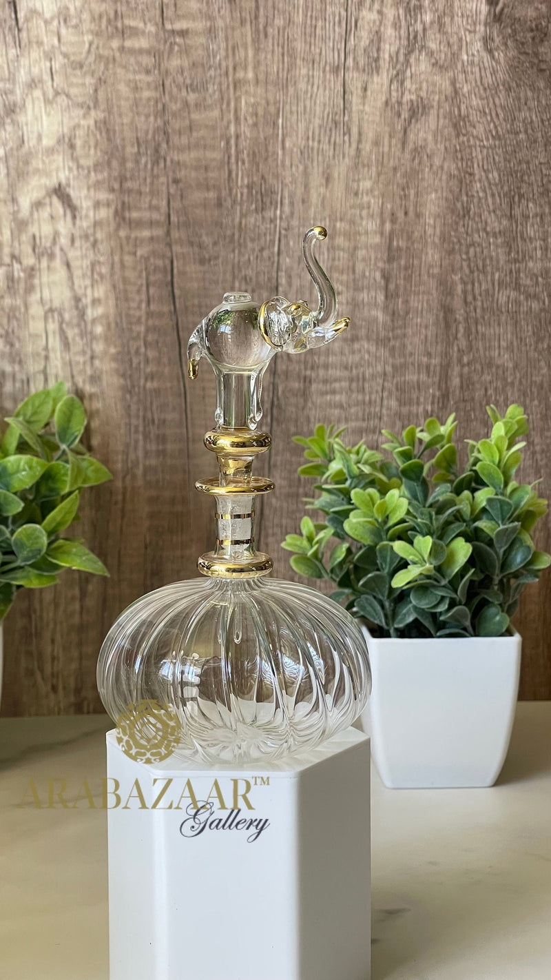Egyptian Perfume bottle Flat Globe Swirl  W/ Elephant Stopper/14 K Gold Trim