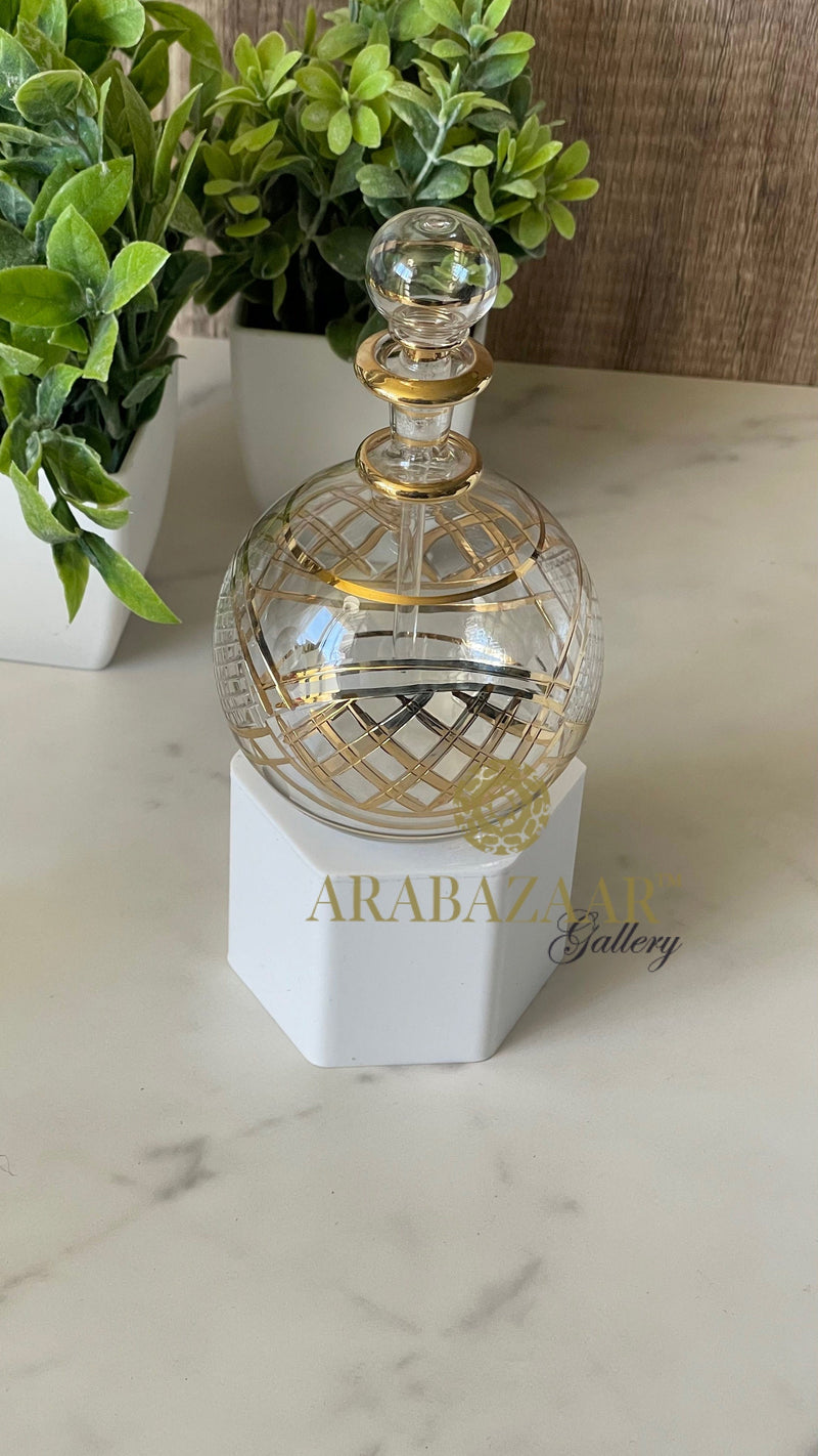 Egyptian Perfume bottle Flat Globe Shape  W/14 K Gold Trim & Hand Engraving