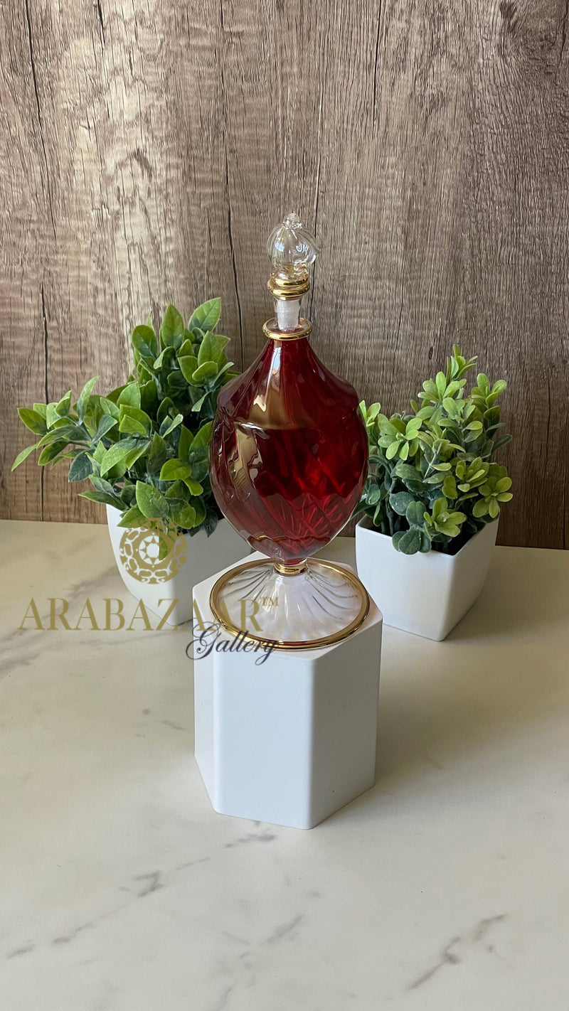 Egyptian Handblown Perfume bottle Oval Swirl Glass W/14 K Gold Trim