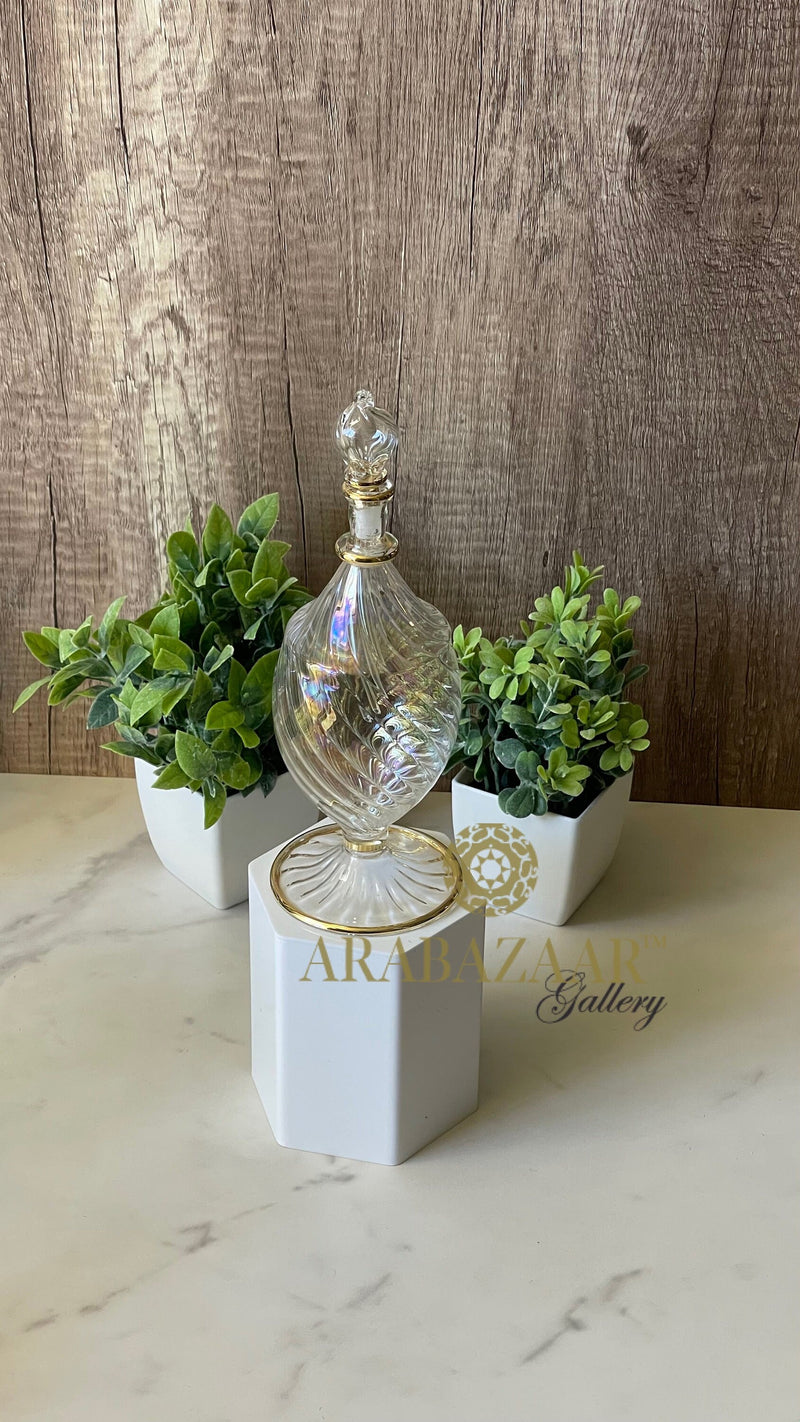 Egyptian Handblown Perfume bottle Oval Swirl Glass W/14 K Gold Trim